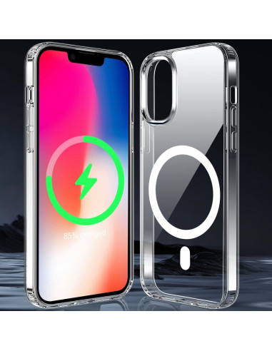 Transparent iPhone XR-skal med MagSafe, visande telefon och laddningsindikator framifrån