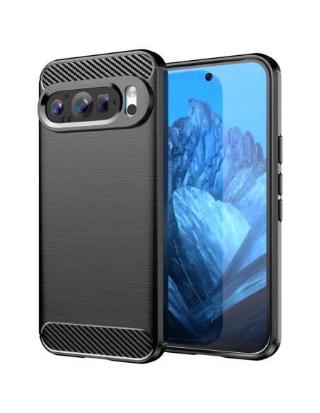 Google Pixel 9 / 9 Pro skal i svart med mönstrad yta, sett snett framifrån med fokus på kameraskyddet