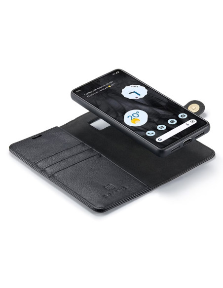 Svart mobilplånbok för Google Pixel 9 Pro XL med telefonen öppen och kortplatser synliga från ovan