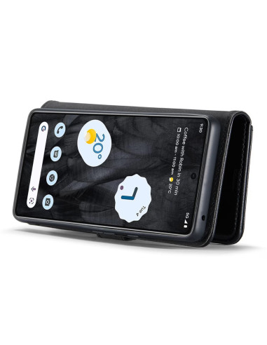 Svart mobilplånbok för Google Pixel 9 Pro XL med telefonen synlig i öppet läge, detaljvy av skärmen
