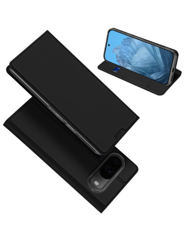 Svart flipfodral för Google Pixel 9 Pro XL, öppet med telefon och kortfack synligt