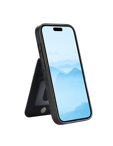 Svart iPhone 16 mobilskal med korthållare, visad framifrån med ställfunktion