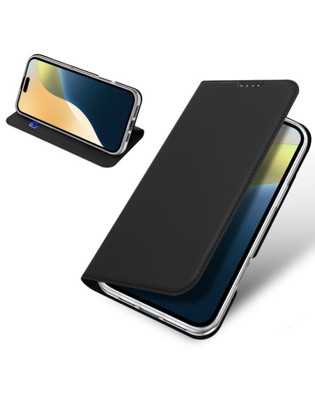 Svart flipfodral för iPhone 16 med stängt lock och kortfack, sett från sidan