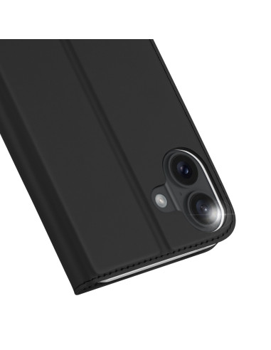 Närbild av iPhone 16 flipfodral i svart med öppet lock och kamerautskärning