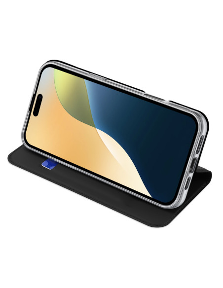 iPhone 16 flipfodral i svart med öppet lock, sett framifrån med telefon i liggande läge