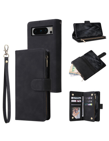 Svart plånboksfodral för OnePlus 9 Pro med stängd zip och kortfack, sidovy