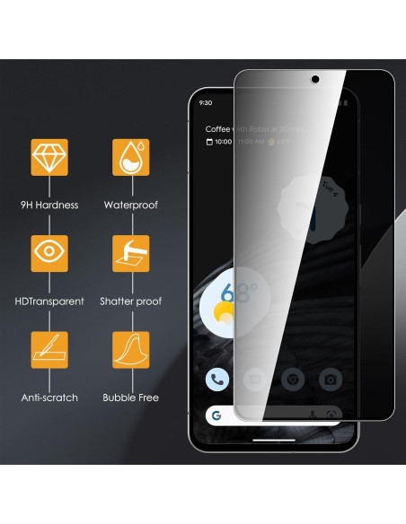 Privacy härdat glas för Google Pixel 9/9 Pro, närbild som visar skyddsegenskaper och detaljerad information