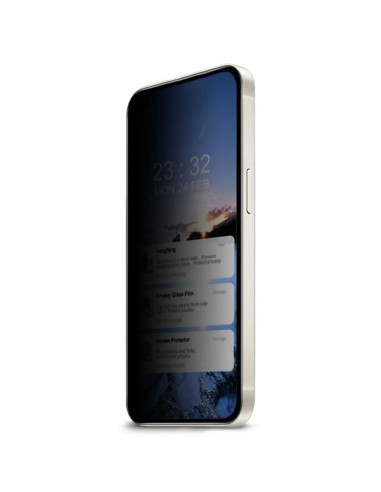 Google Pixel 9 / 9 Pro Privacy härdat glas, visat framifrån med skärmen tänd och med fokus på integritetsskyddet