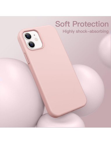 Rosa gummibelagt skal för iPhone 12 / 12 Pro, sett på en mjuk yta med rundade former