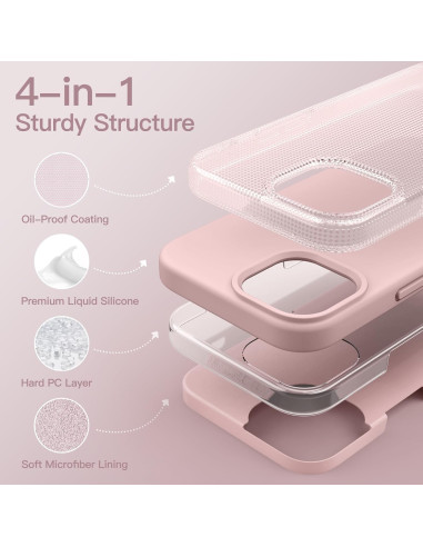 Detaljvy av rosa gummibelagt skal för iPhone 15 Pro Max med kamerautskärning och strukturella lager