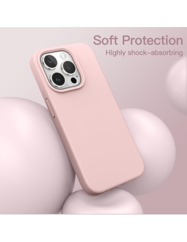 Rosa gummiskal för iPhone 15 Pro Max, sett framifrån med fokus på kamerautskärning
