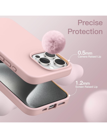 Närbild av rosa gummiskal för iPhone 15 Pro Max med upphöjd kant runt kameran