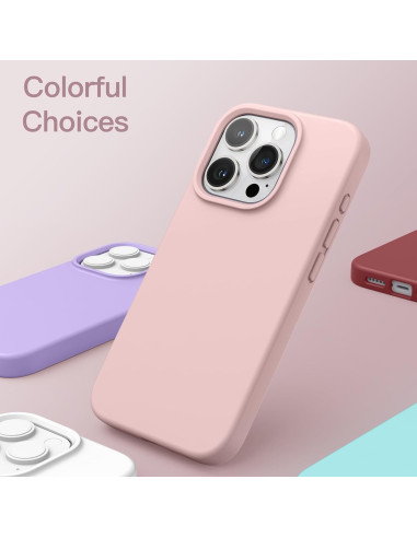 Rosa gummibelagt skal för iPhone 15 Pro Max, sett från sidan med knappar och kamerautskärning