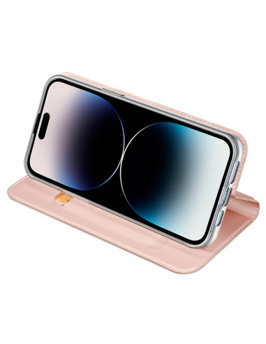 iPhone 16 Pro flipfodral i roseguld med telefon i liggande läge och kortfack synligt