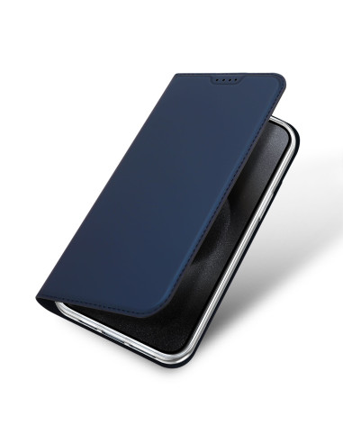 Blå iPhone 16 Pro Skin Pro med kortfack, sett från sidan med öppet fodral