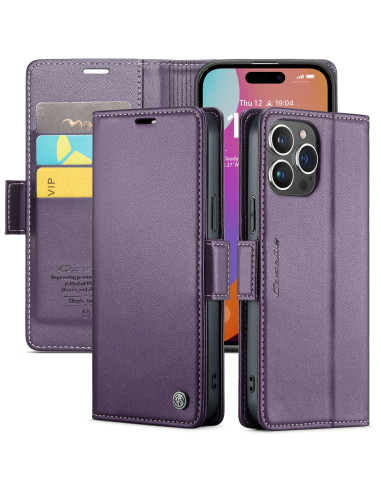 Lila Skin Pro fodral för iPhone 16 Pro, stängt med kortfack och telefon synlig framifrån