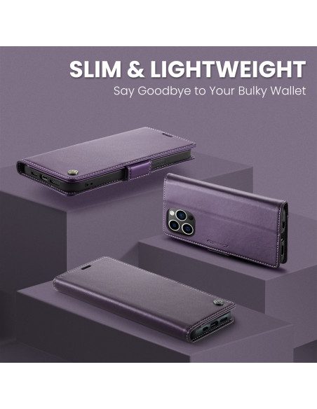 Lila Skin Pro fodral för iPhone 16 Pro, visat i tre vinklar med fokus på den slimmade designen