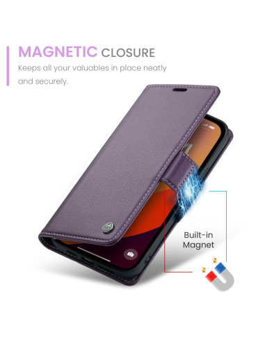 Lila Skin Pro fodral för iPhone 16 Pro, stängt med magnetisk stängning och telefon insatt