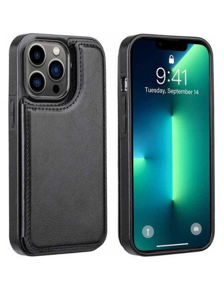 Svart flip-skal för iPhone 16 Pro Max med korthållare, visat framifrån och från sidan