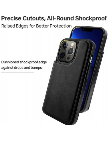 Svart flip-skal för iPhone 16 Pro Max med öppet korthållarfack, visat från sidan med telefonen insatt