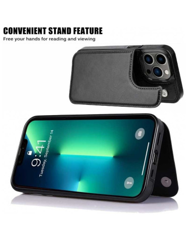 Svart flip-skal för iPhone 16 Pro Max med korthållare, visat i öppet läge med telefonen i liggande position