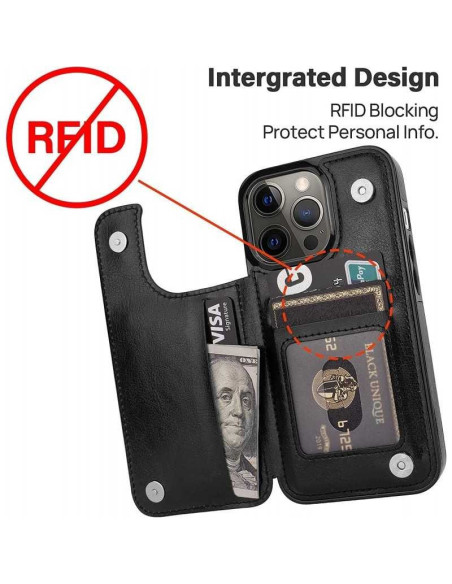 Svart flip-skal för iPhone 16 Pro Max med öppet korthållarfack och sedlar, detalj av RFID-skydd