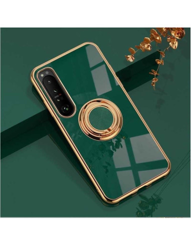 Mörkgrönt Xperia 10 VI skal med glänsande yta och 360º ringhållare i detaljvy