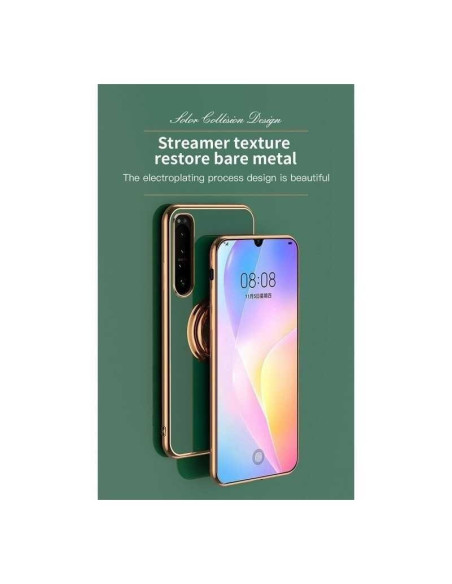 Mörkgrönt Xperia 10 VI skal med ringhållare, visat i detalj med telefon och elegant bakgrund