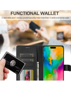 Svart plånboksfodral för iPhone 16 med stängning och kortfack, sett framifrån och bakifrån 2