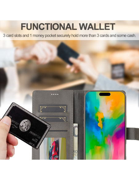 Närbild av grått plånboksfodral för iPhone 16 Pro med kortfack och sedelfack i användning