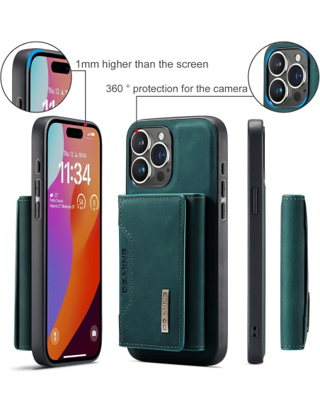 Grönt iPhone 16 Pro-skal med magnetisk korthållare, visat från sidan med detaljer av kameraskydd