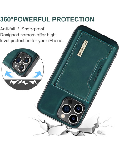 Grönt iPhone 16 Pro-skal med magnetisk korthållare, visat med fokus på kameraskydd och designade hörn
