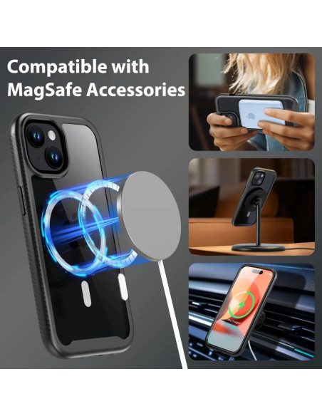 iPhone 13/14 skal med Magsafe-funktion, visat i användning med laddning och tillbehör
