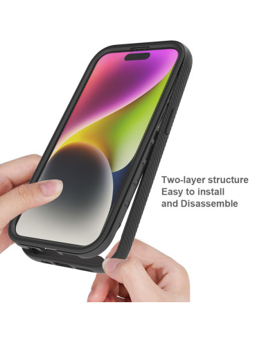 Svart 3D-skal för iPhone 12 Mini och 13 Mini, visat i användning med tvådelad struktur och enkel montering