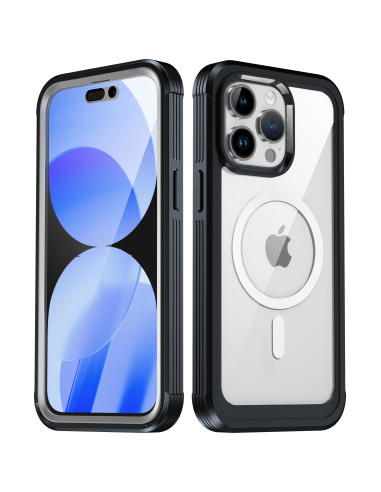 Svart 3D-skal för iPhone 15 Pro med MagSafe, visat framifrån och bakifrån