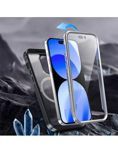 iPhone 15 Pro med heltäckande 3D-skal, visad från sidan med transparent framsida och svart baksida