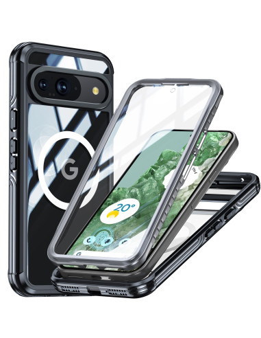 Svart 3D-skal för Google Pixel 9/9 Pro med Magsafe, visat från sidan med transparent framsida
