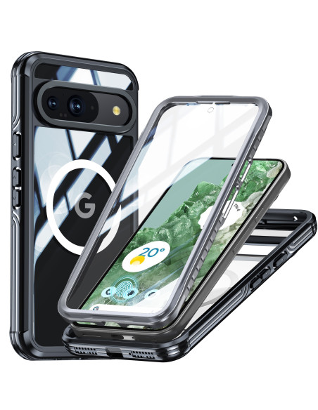 Svart 3D-skal för Google Pixel 9/9 Pro med Magsafe, visat från sidan med transparent framsida