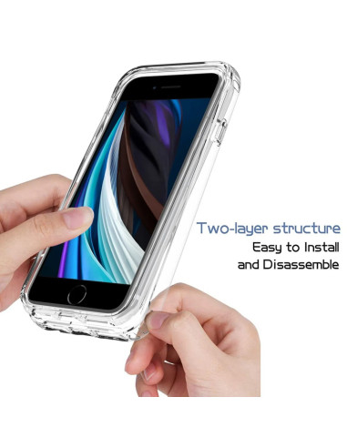 iPhone 6/7/8/SE 2020/2022 skal i transparent design, hålls i handen med fokus på tvåskiktsstrukturen