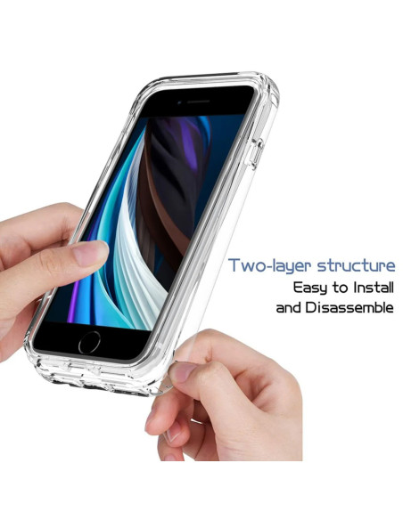 iPhone 6/7/8/SE 2020/2022 skal i transparent design, hålls i handen med fokus på tvåskiktsstrukturen
