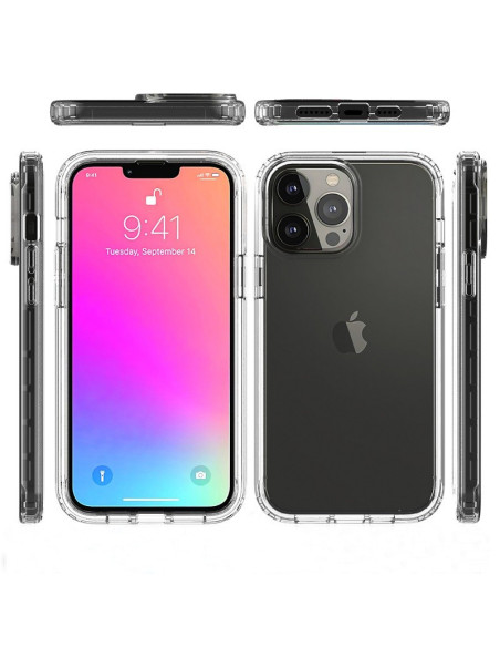 iPhone 13 Pro Max i klart TPU-skal, visad framifrån med skärmen påslagen och flera vinklar