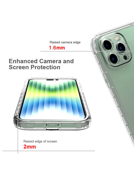 Närbild av iPhone 14 Pro Max skal som visar förstärkt kameraskydd och skärmkant