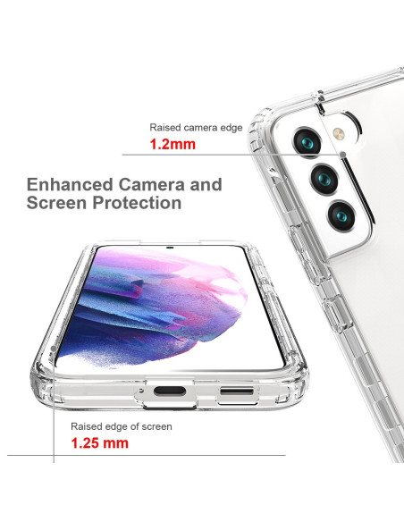 Närbild av Samsung S22 Plus skal som visar förstärkta kanter för kamera och skärm