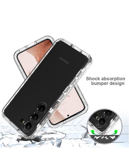 Samsung S23 FE skal i svart TPU med fokus på framsidan och kamerautskärning, visat från sidan