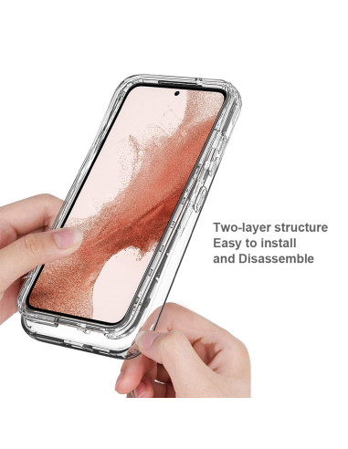 Samsung S23 FE skal i klart TPU, visat från sidan med fokus på tvåskiktsdesign och monteringsdetaljer