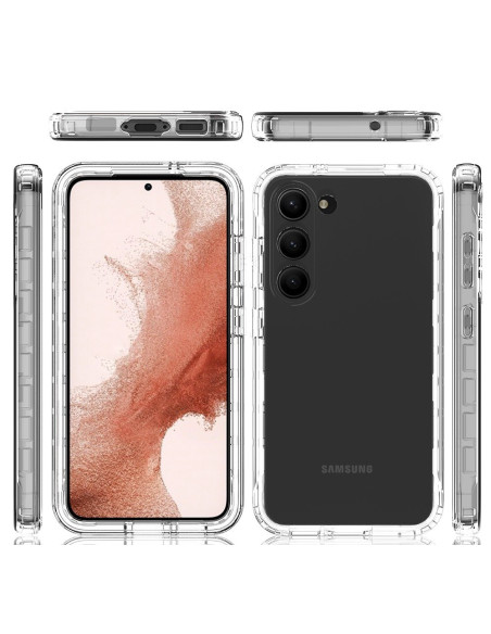 Samsung S23 FE skal i klart TPU, visat från flera vinklar med fokus på framsidan och baksidan
