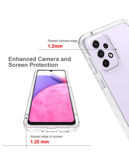 Närbild av Samsung A14 4G / 5G skal som visar förstärkta kanter för kamera och skärm