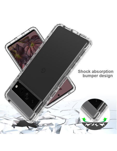 Google Pixel 7 Pro med Heltäckande 3D Skal, visad från sidan med fokus på stötdämpande hörn