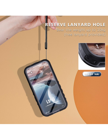 iPhone 16 Heltäckande Vattentät Skal i svart, hängande med lanyard och visad från sidan
