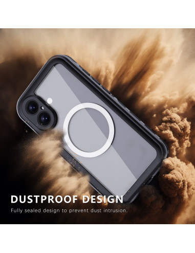 iPhone 16 Heltäckande Vattentät Skal i svart, visat med fokus på dammskyddande design och MagSafe-ring